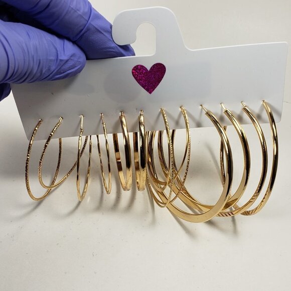 Set of 6 Pairs Polished Textured Gold tone Hoop Teardrop Earrings - Picture 8 of 8